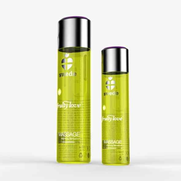 Due flaconi verdi con tappi argentati. Scritta: Swede, Fruity Love, Massage.