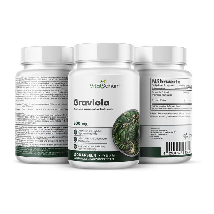 Tre flaconi bianchi di capsule di estratto di Graviola VitaSanum. Un flacone mostra le informazioni nutrizionali.
