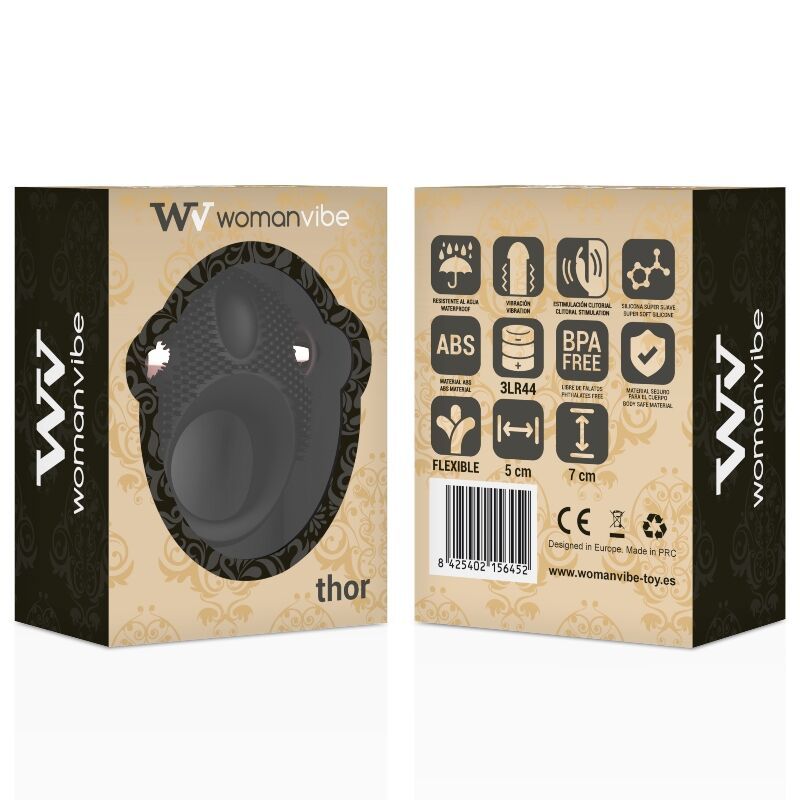 Confezione Womanvibe Thor. Anello vibrante per pene in silicone nero. Stampe: loghi, caratteristiche, dimensioni, certificazioni.