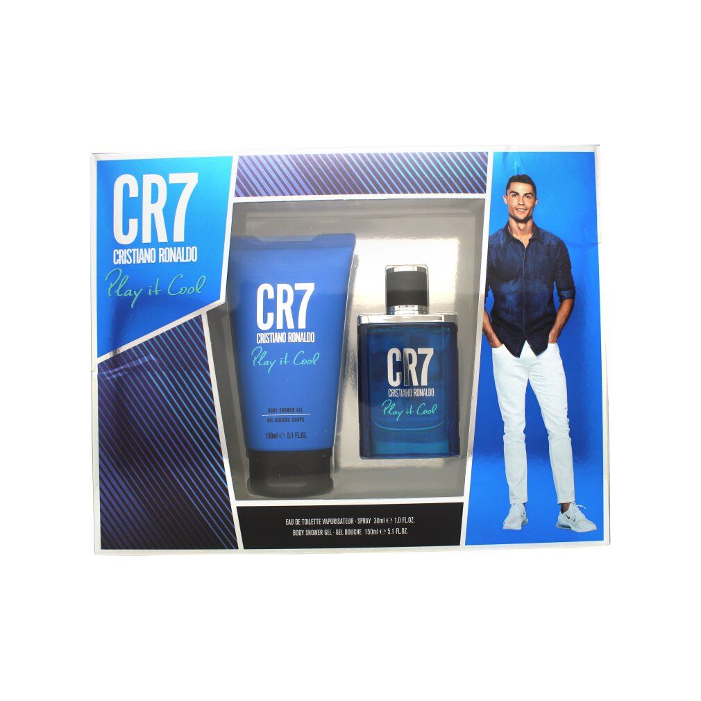 Set regalo CR7 con gel doccia e eau de toilette. Raffigurato Cristiano Ronaldo. Confezione blu e bianca.