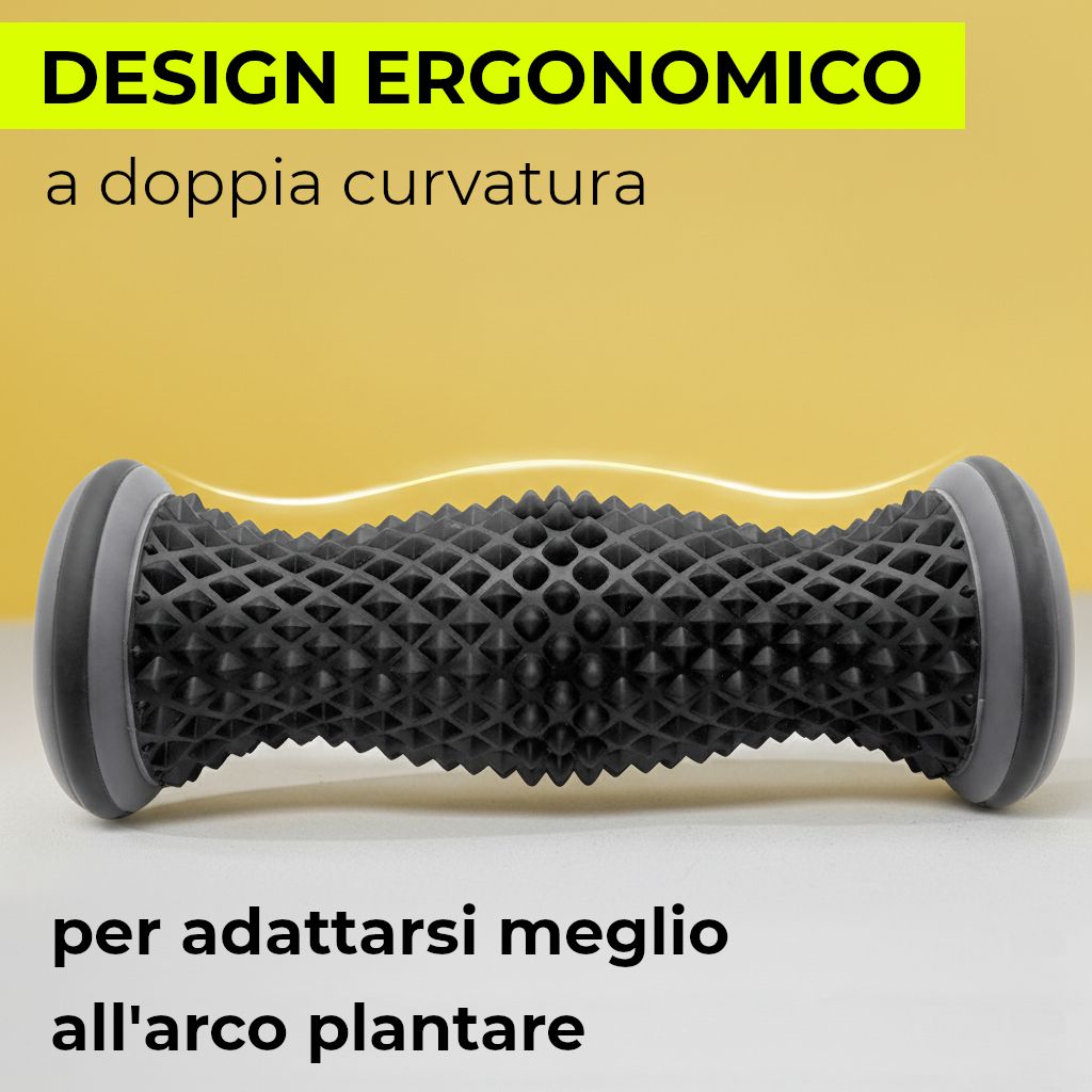 Rullo massaggiapiedi ergonomico a doppia curvatura per l'arco plantare.