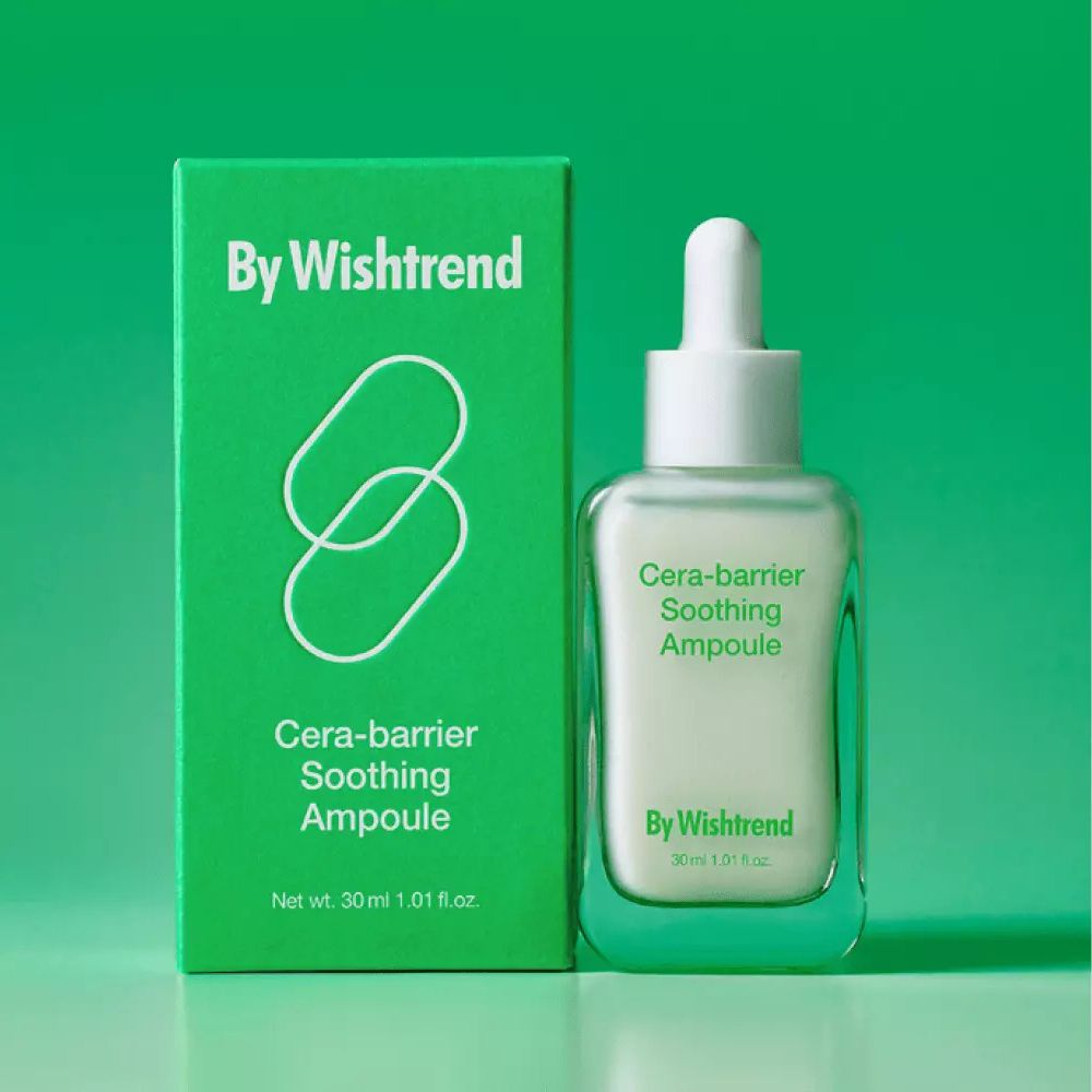 Confezione verde con flacone. Scritta: Cera-barrier Soothing Ampoule, By Wishtrend. 30 ml.