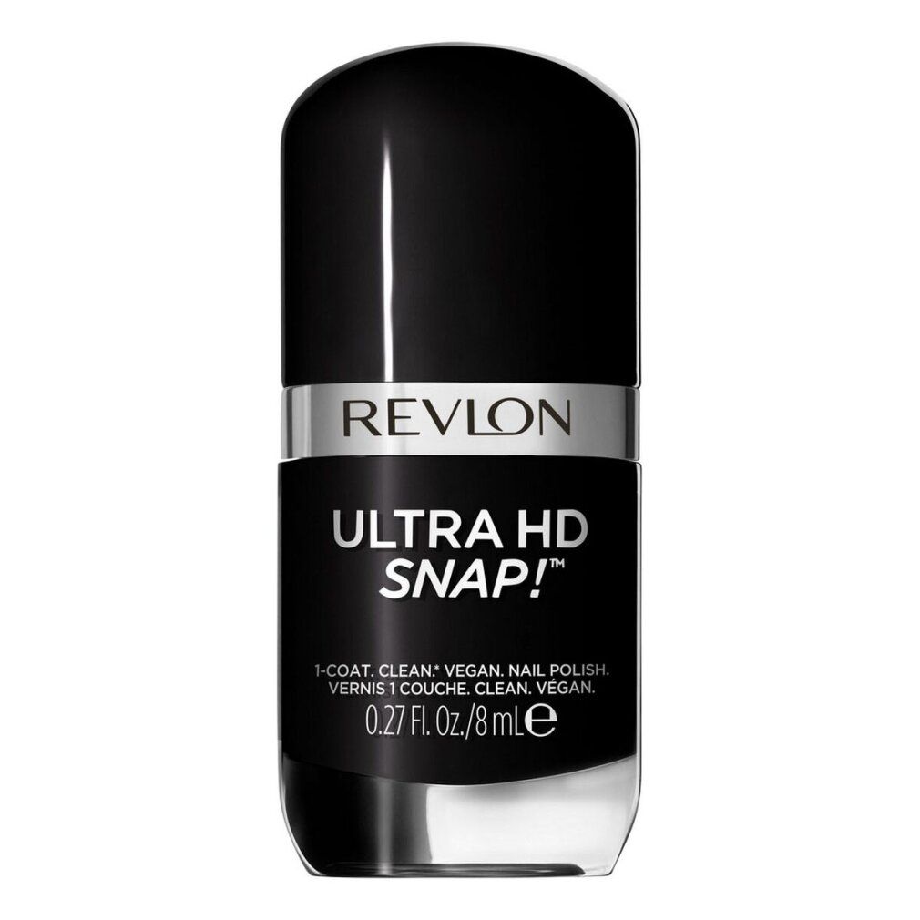 Smalto per unghie Revlon Ultra HD Snap!. Flacone nero con fascia argentata. Testo: Revlon, Ultra HD Snap!, 0.27 fl. oz./8 ml.