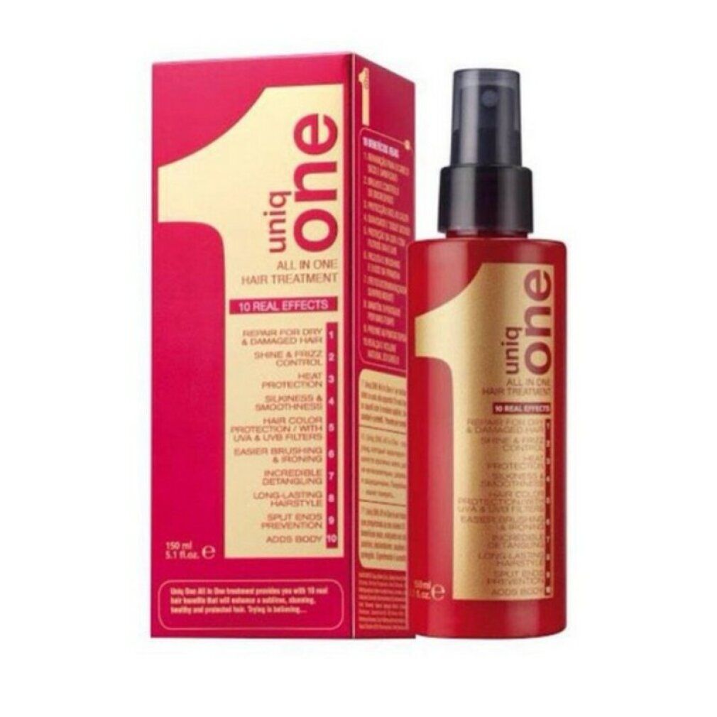 Flacone e confezione Revlon Uniq One rossi. Scritta: All in One Hair Treatment. 10 benefici. Erogatore spray.