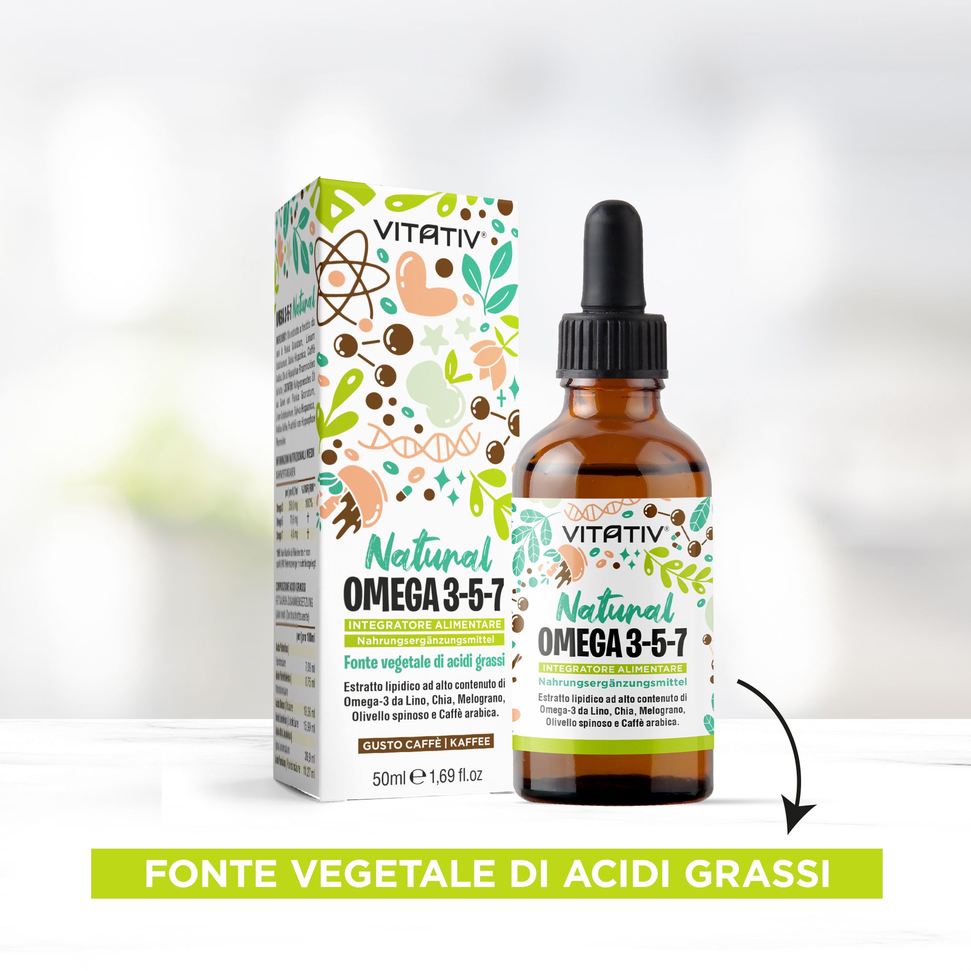 Vitativ® Omega 3-5-7 Fonte Vegetale Acidi Grassi con Acido Oleico, Linoleico, Alfa Linoleico, Caffè