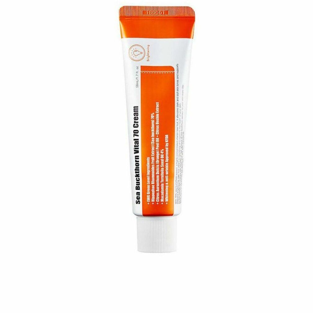 Tubo di crema con tappo arancione. Scritta: Sea Buckthorn Vital 70 Cream. Sfondo bianco.