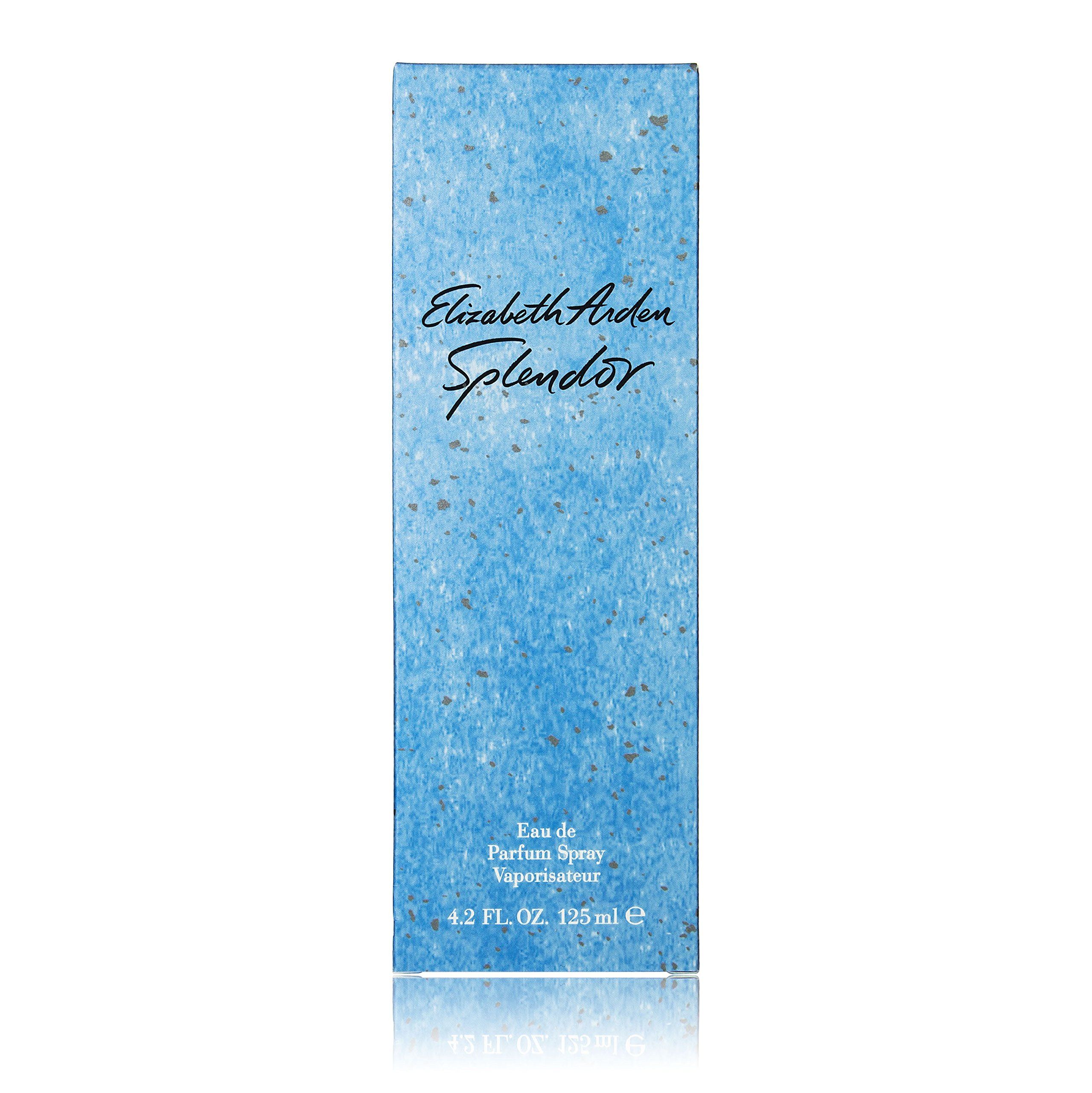 Scatola a righe blu e bianche. Scritta: Elizabeth Arden Splendor. Testo: Eau de Parfum Spray, 4.2 FL. OZ. 125 ml.