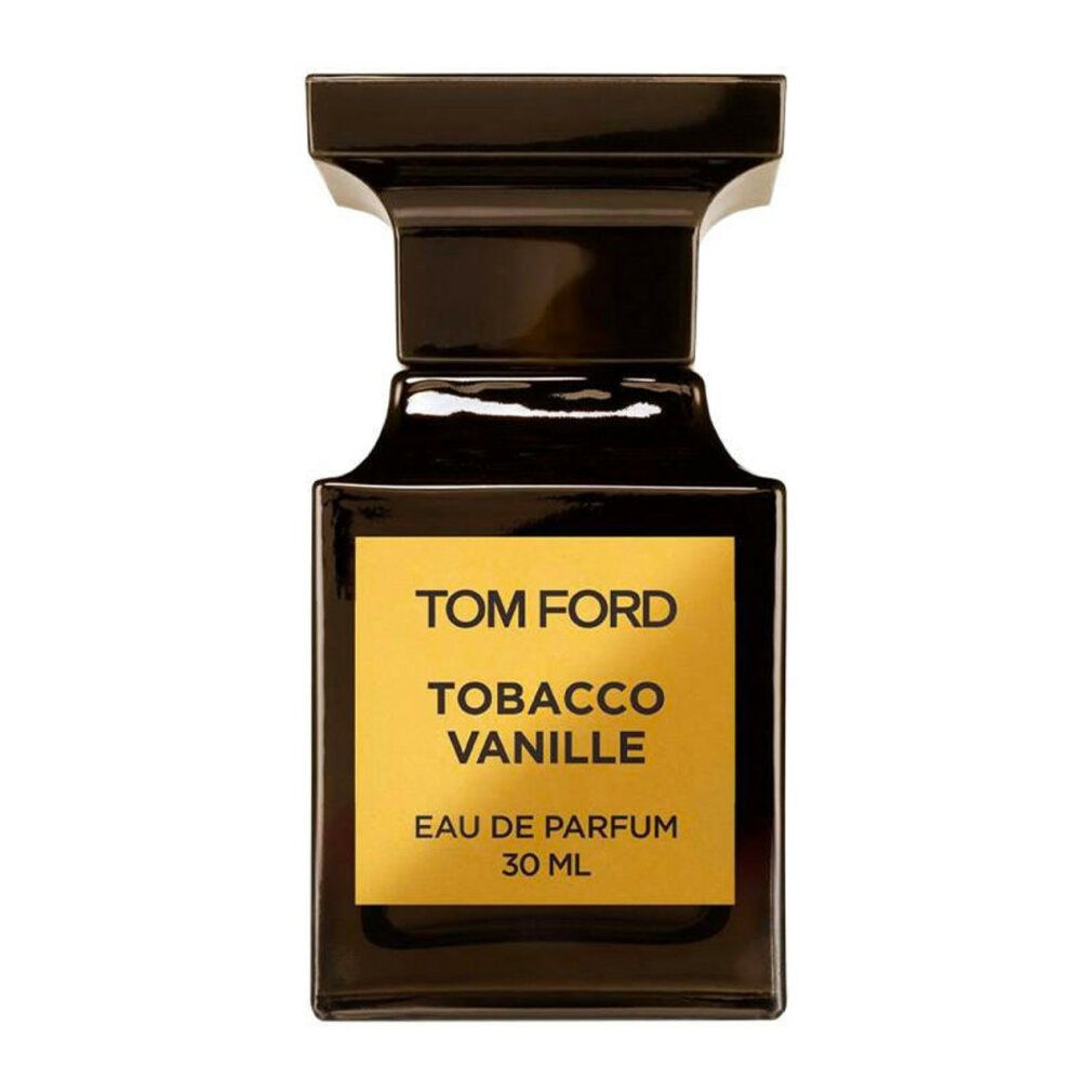 Flacone nero con etichetta dorata. Scritta: TOM FORD, Tobacco Vanille, Eau de Parfum, 30 ml. Tappo nero.