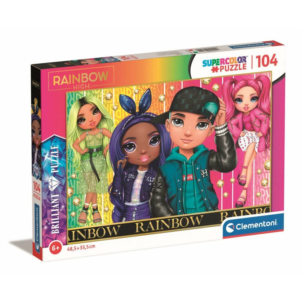 Scatola puzzle con illustrazioni di bambole. Scritta: Rainbow High, Supercolor Puzzle 104 pezzi. Marchio Clementoni.