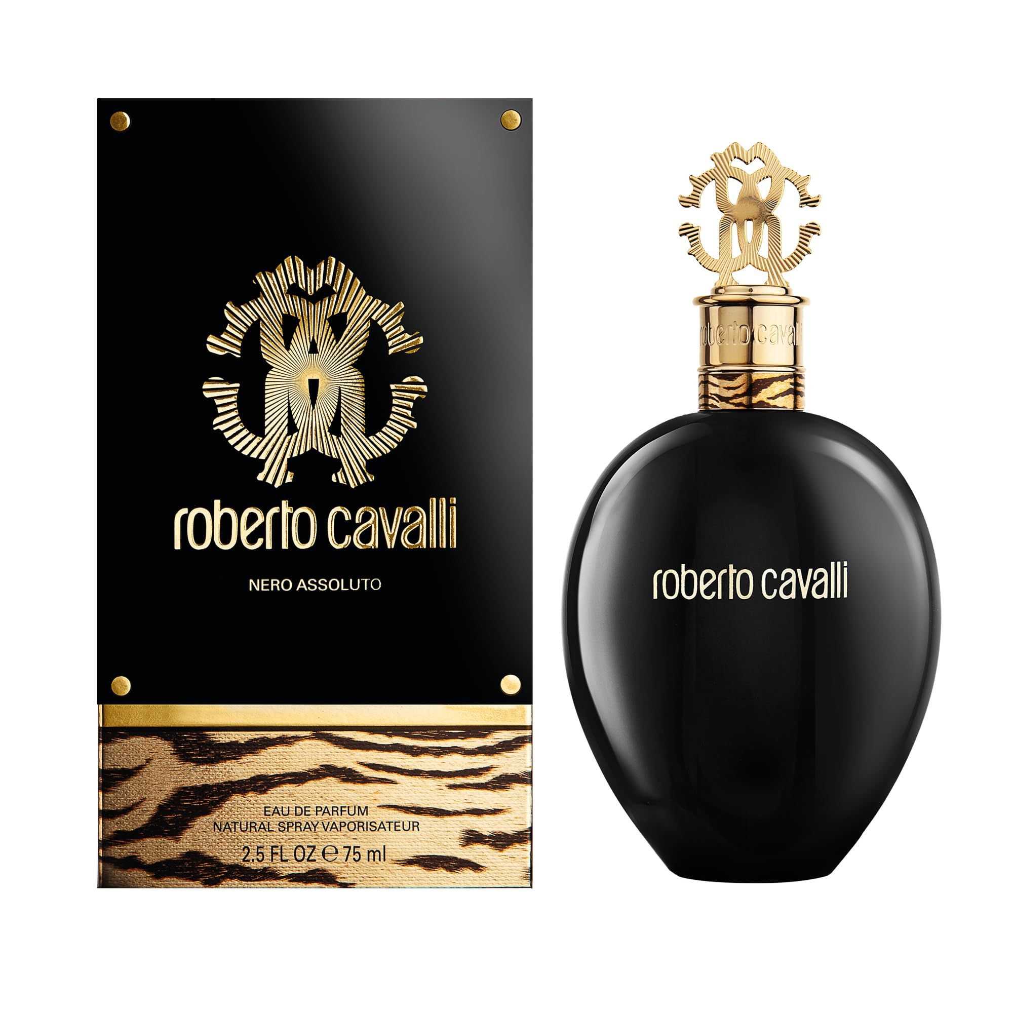 Flacone nero e confezione. Scritta: Roberto Cavalli Nero Assoluto. Testo: Eau de Parfum, 75 ml.