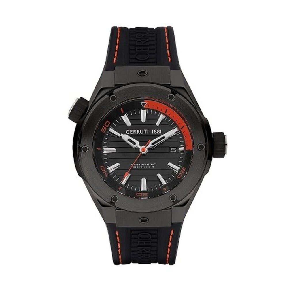 Orologio da uomo nero Cerruti 1881 con quadrante nero, dettagli arancioni e cinturino nero.