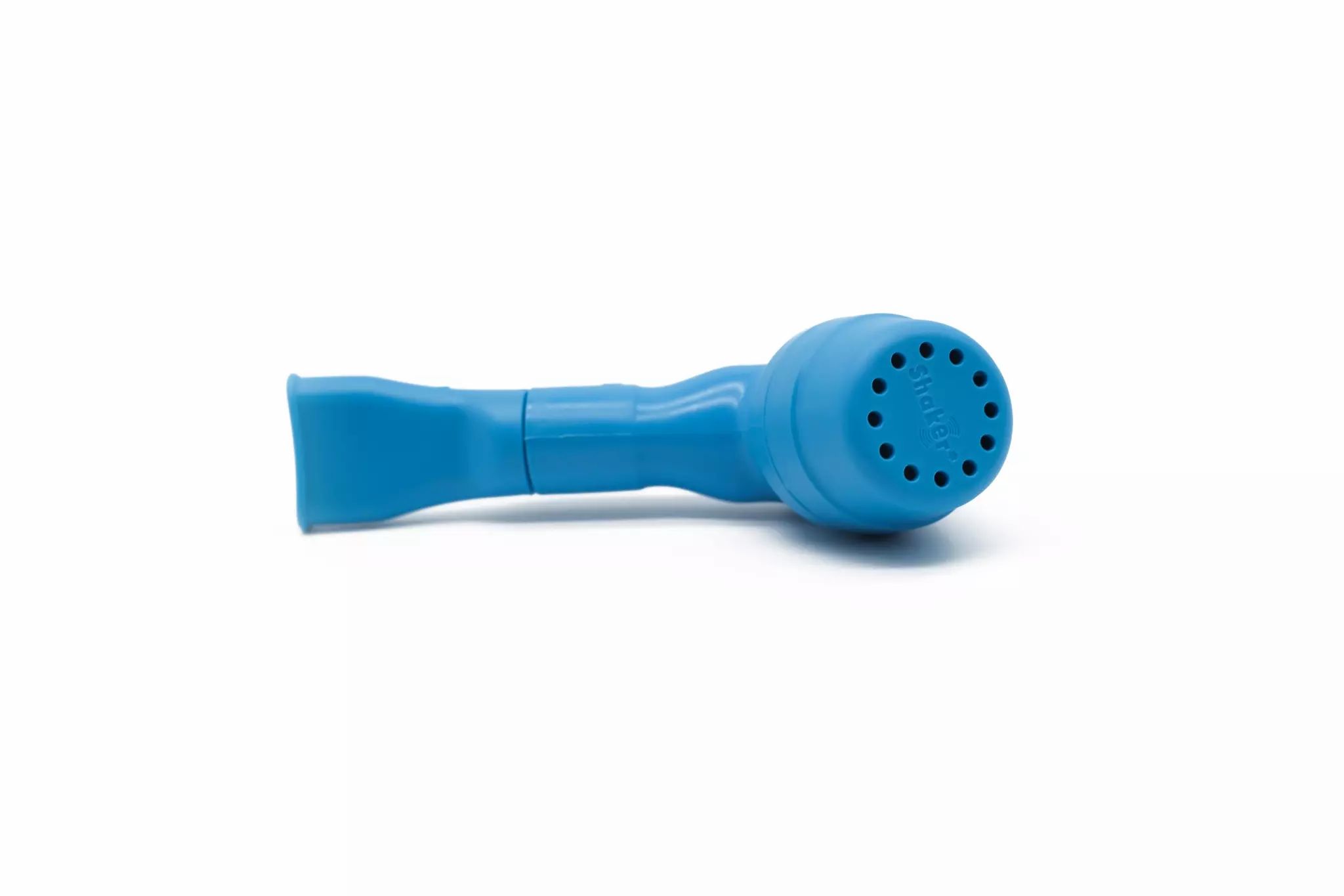 Dispositivo blu per terapia respiratoria con boccaglio ed estremità ventilata.