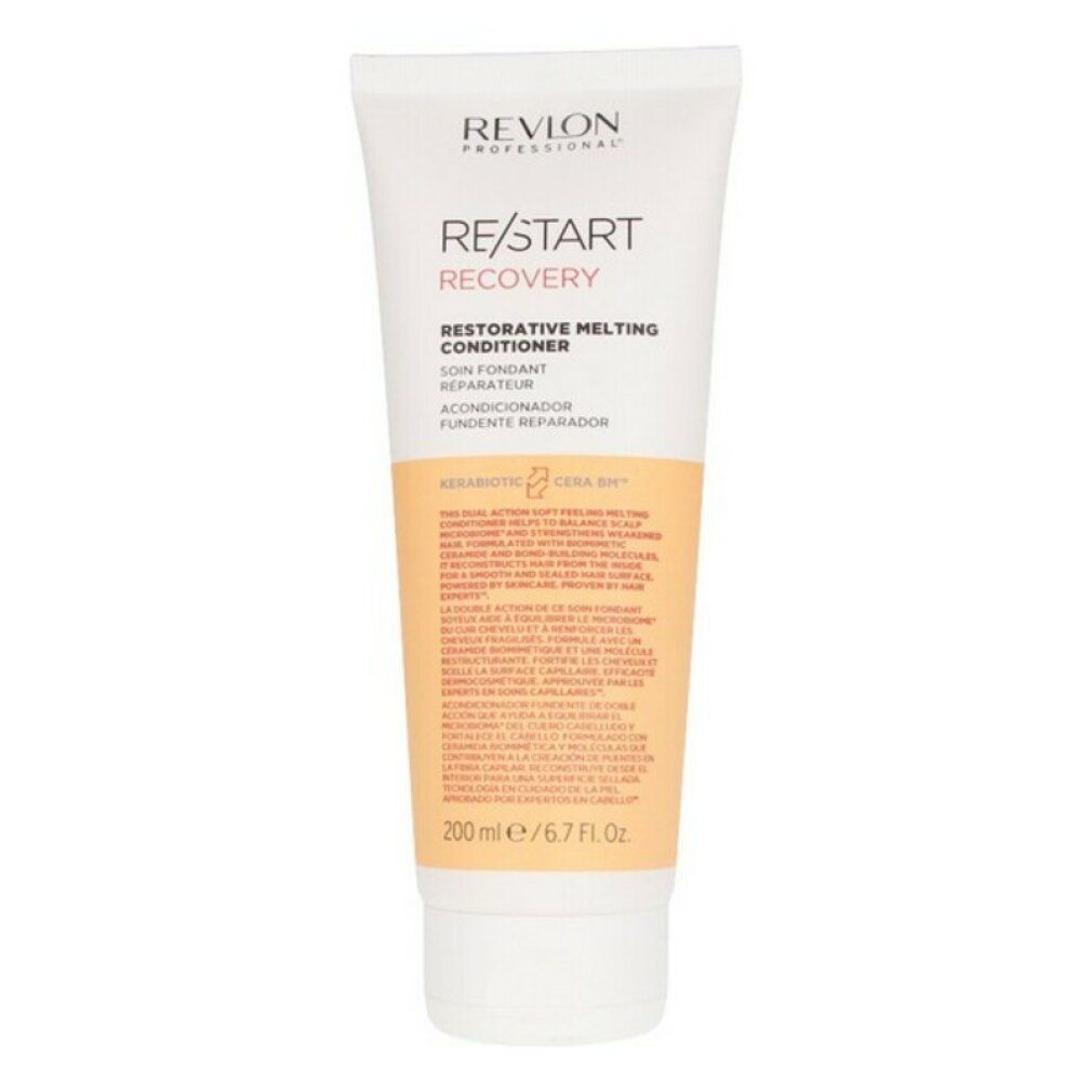 Tubo bianco-arancione con informazioni prodotto. Scritta: RE/START RECOVERY. Restorative Melting Conditioner. 200 ml/6.7 Fl. Oz.