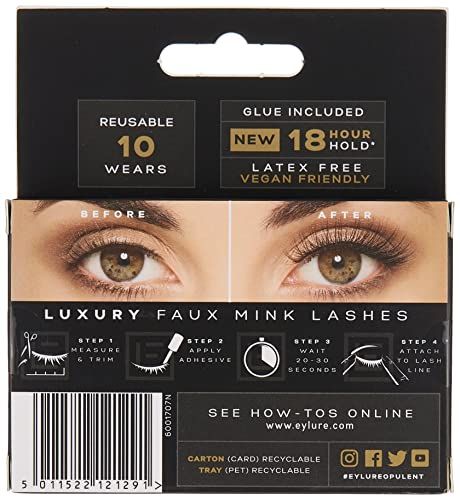 Retro confezione. Ciglia Luxe Faux Mink. Riutilizzabili, 10 usi. Colla inclusa. Vegano.