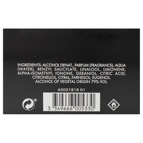 Retro della confezione con ingredienti e codice a barre. Contiene alcol, profumo, acqua, ecc.
