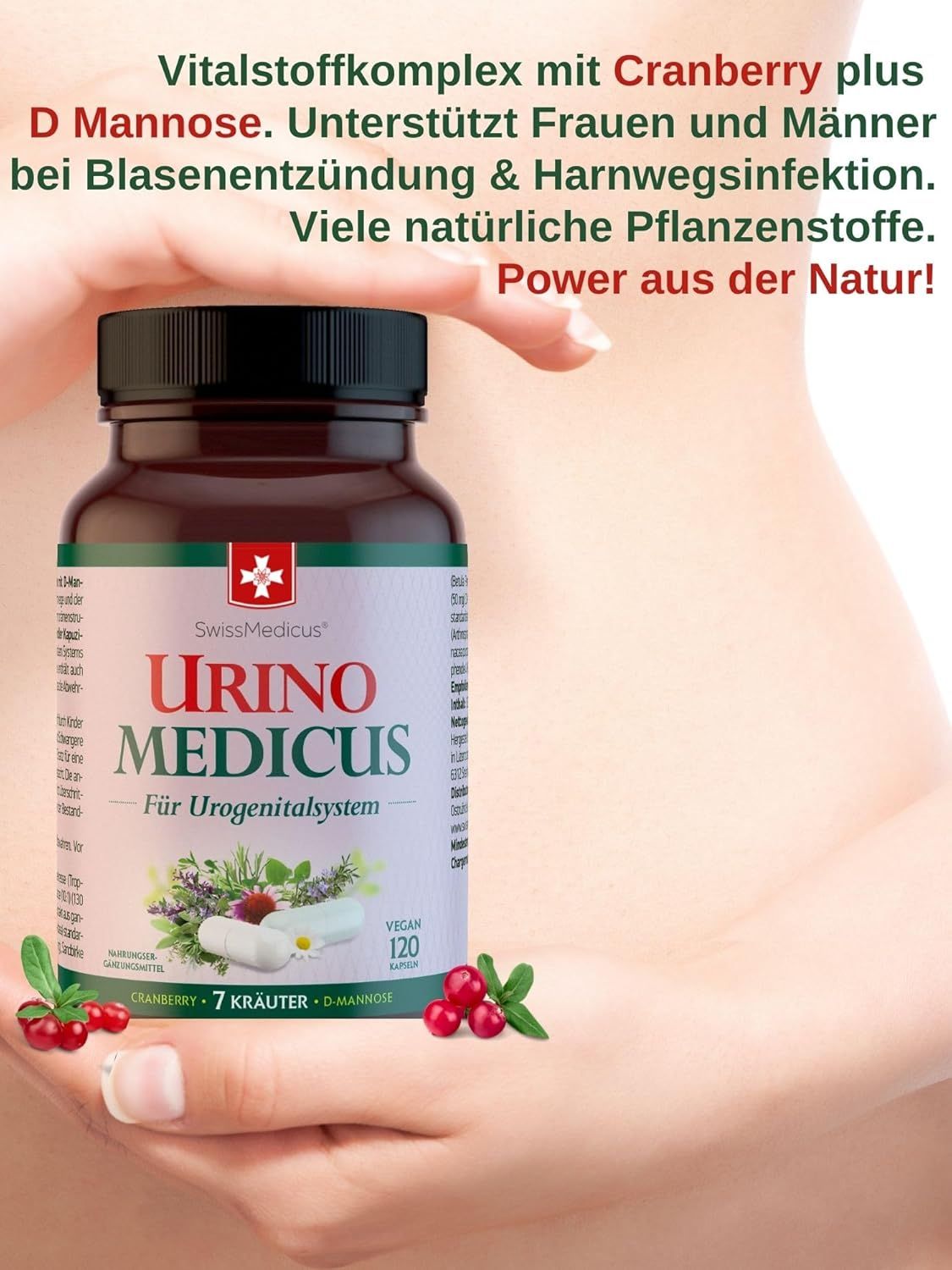 Flacone Urino Medicus tenuto da mani. Testo: Mirtillo rosso, 7 erbe, D-Mannosio. 120 capsule, vegano.