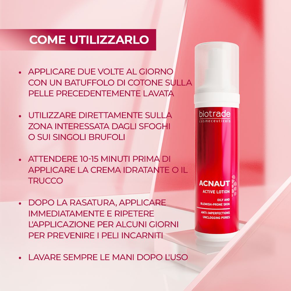 Flacone Acnaut Active Lotion. Testo: Biotrade, Acnaut. Utilizzo: 2 volte al giorno, dopo rasatura, lavare le mani.