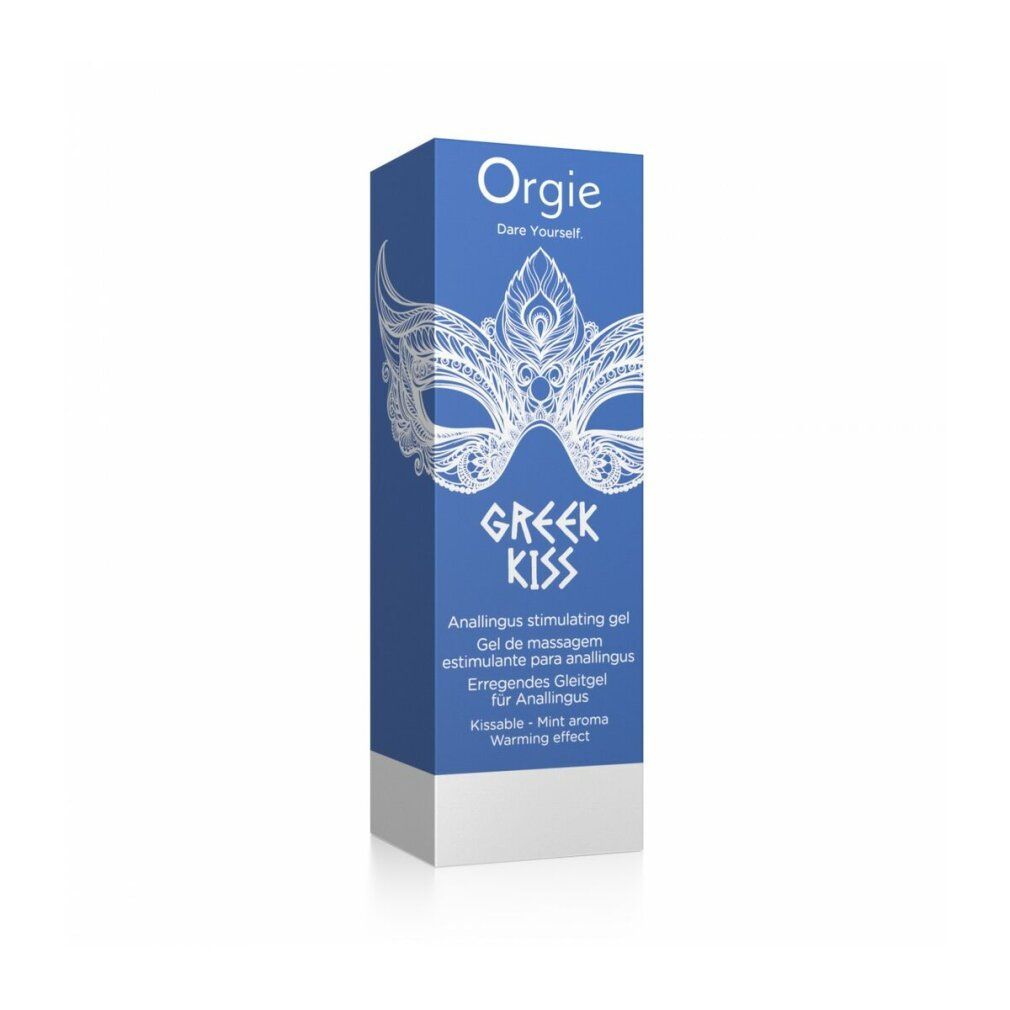Confezione blu "Orgie Greek Kiss". Contiene gel anale. Design maschera. Base bianca.