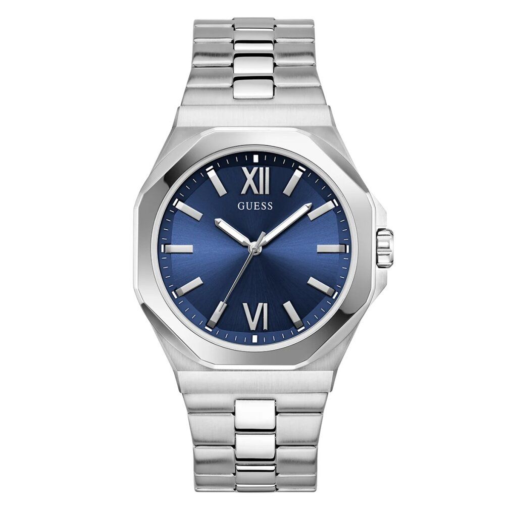 Orologio da uomo con quadrante blu e bracciale argentato. Il quadrante mostra numeri romani e il logo "GUESS".