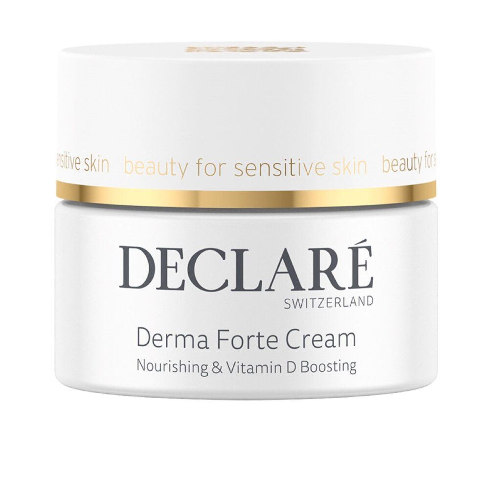 Vasetto bianco con coperchio dorato. Scritte: DECLARÉ SWITZERLAND, Derma Forte Cream, Nourishing & Vitamin D Boosting.