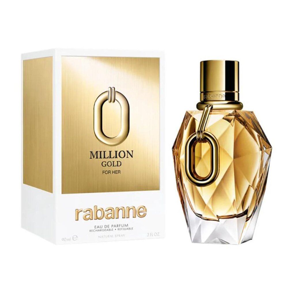 Flacone e confezione dorati. Scritta: Million Gold for Her, Rabanne. Eau de Parfum, ricaricabile.