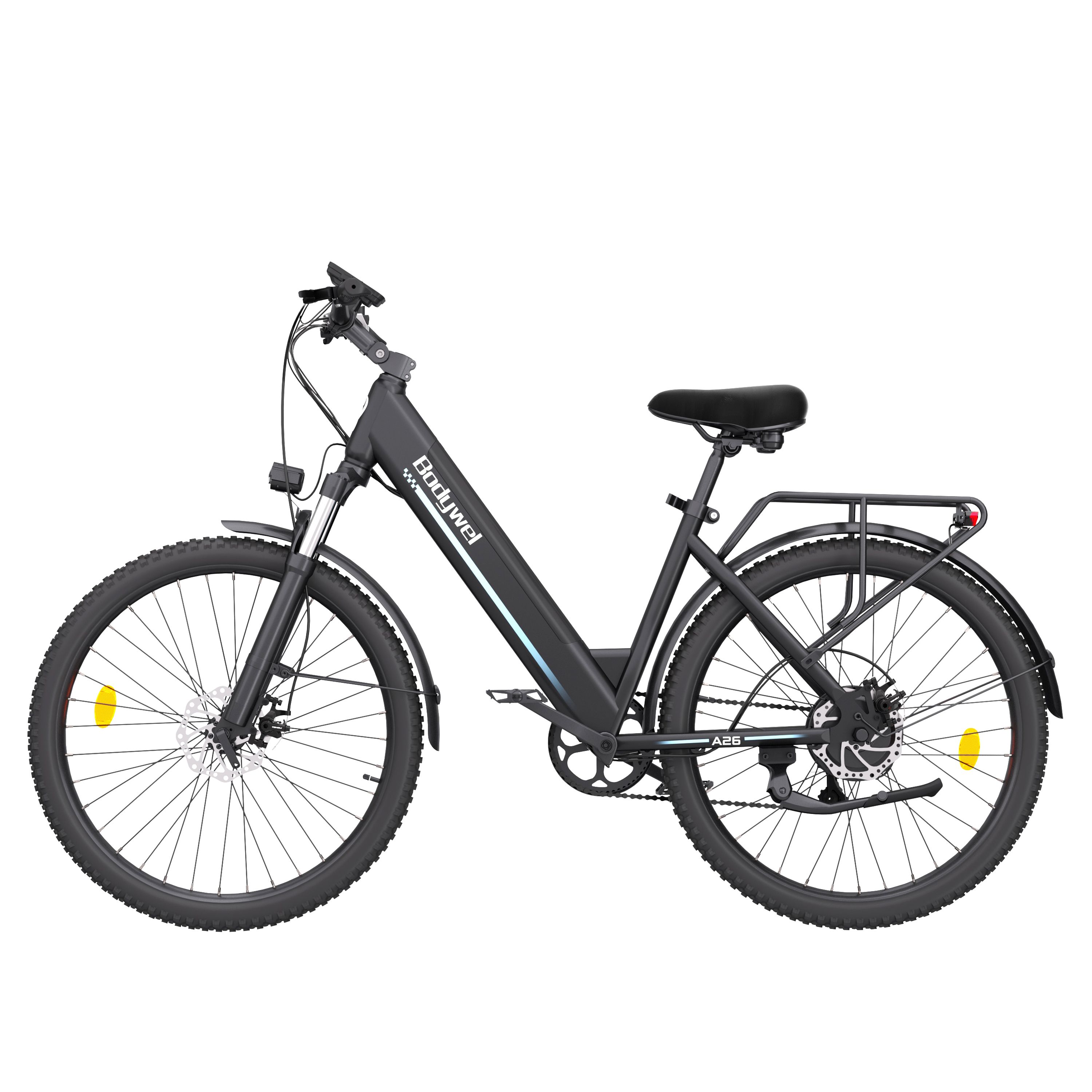 E-bike nera, vista laterale. Portapacchi, parafanghi, faro. Bodywel A26.