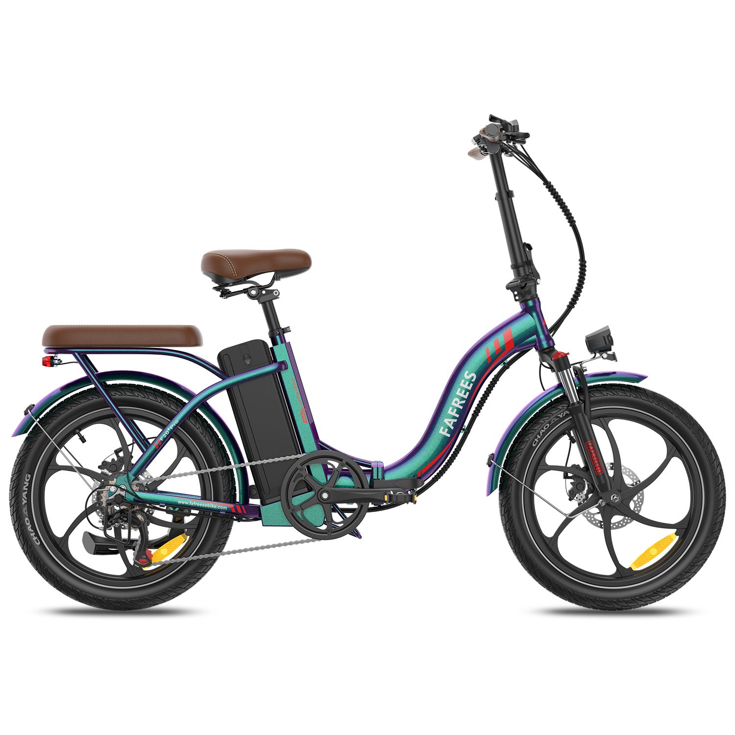 E-bike pieghevole blu-verde, sella e portapacchi marroni. Pneumatici, cerchi e batteria neri. Marchio FAFREES.
