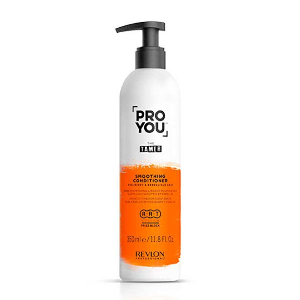 Flacone bianco con erogatore nero. Sezione arancione con testo. Scritta: PRO YOU, THE TAMER, Smoothing Conditioner.