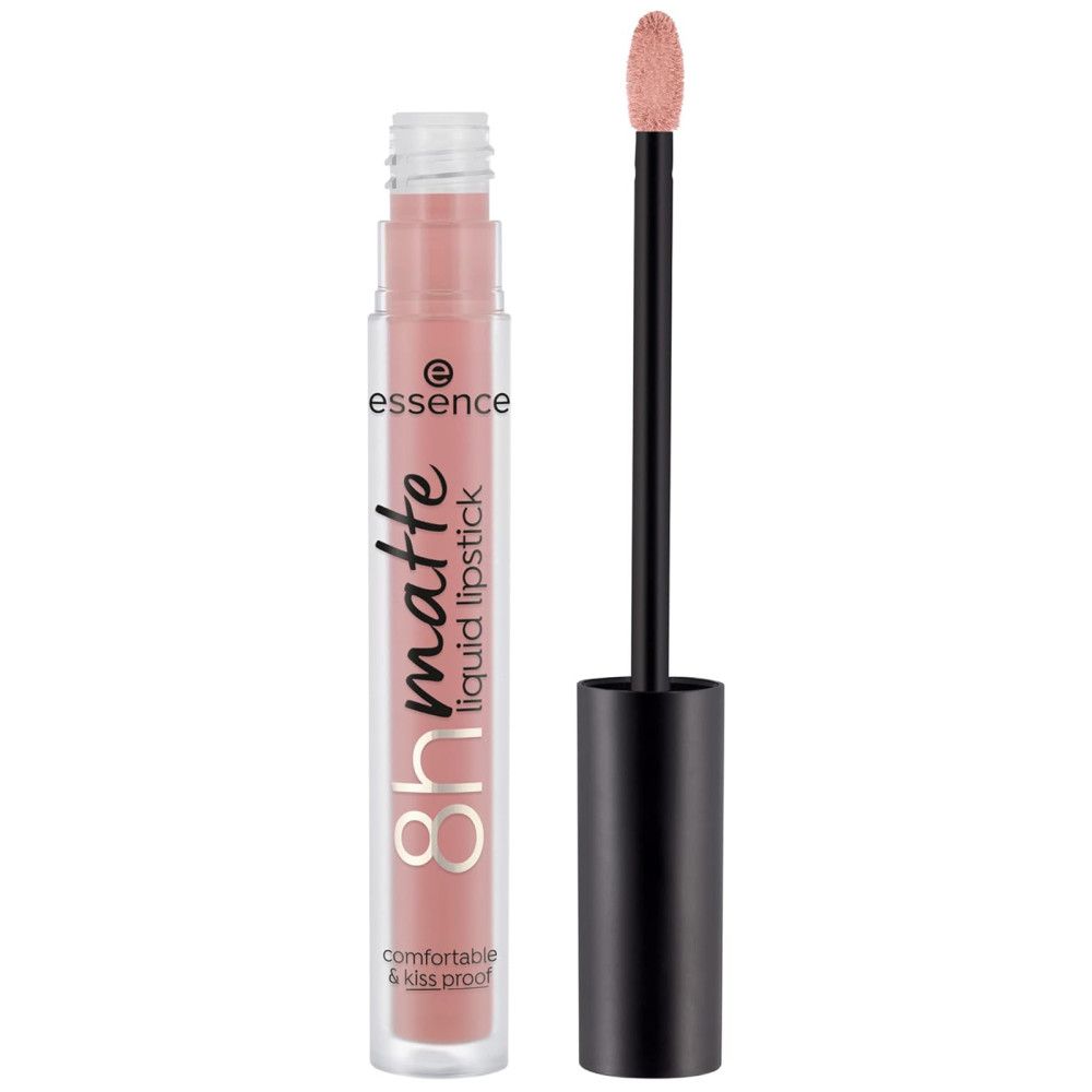 Rossetto liquido opaco 8h Essence. Tonalità rosa. Flacone trasparente con tappo nero. Applicatore visibile.