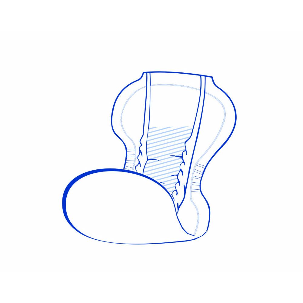 Rappresentazione schematica blu e bianca di una protezione per incontinenza dalla forma anatomica.