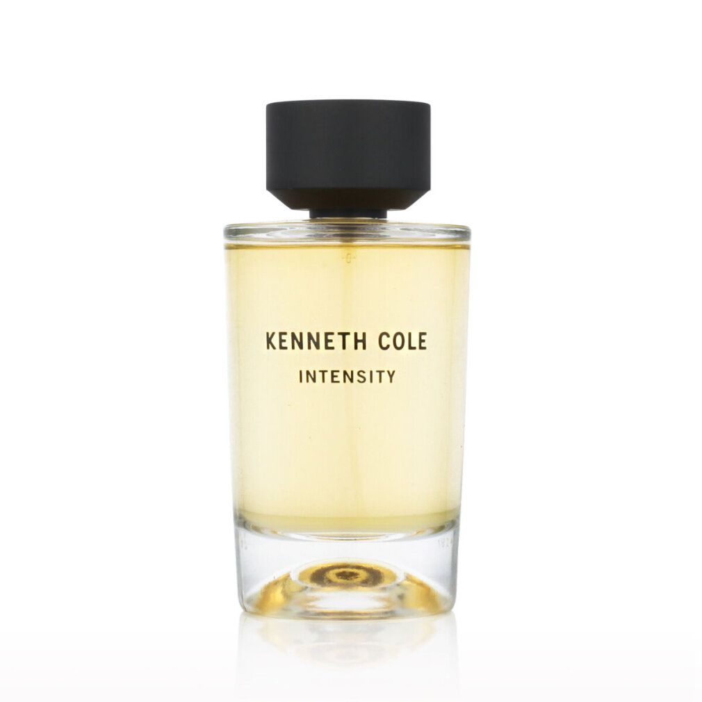 Flacone in vetro con liquido giallo. Scritta: Kenneth Cole Intensity. Tappo nero. Eau de Toilette Spray.