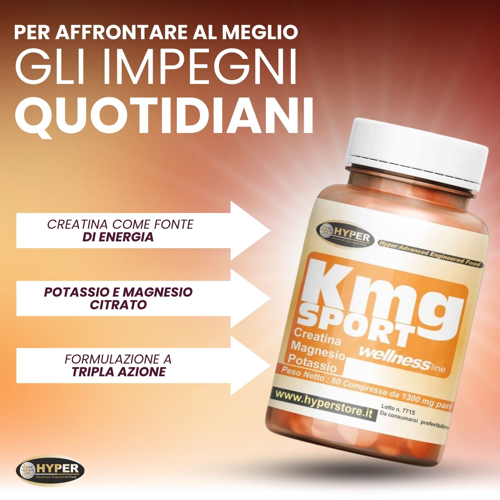HYPER KMG Sport Integratore Alimentare Energetico con  Magnesio Potassio Creatina