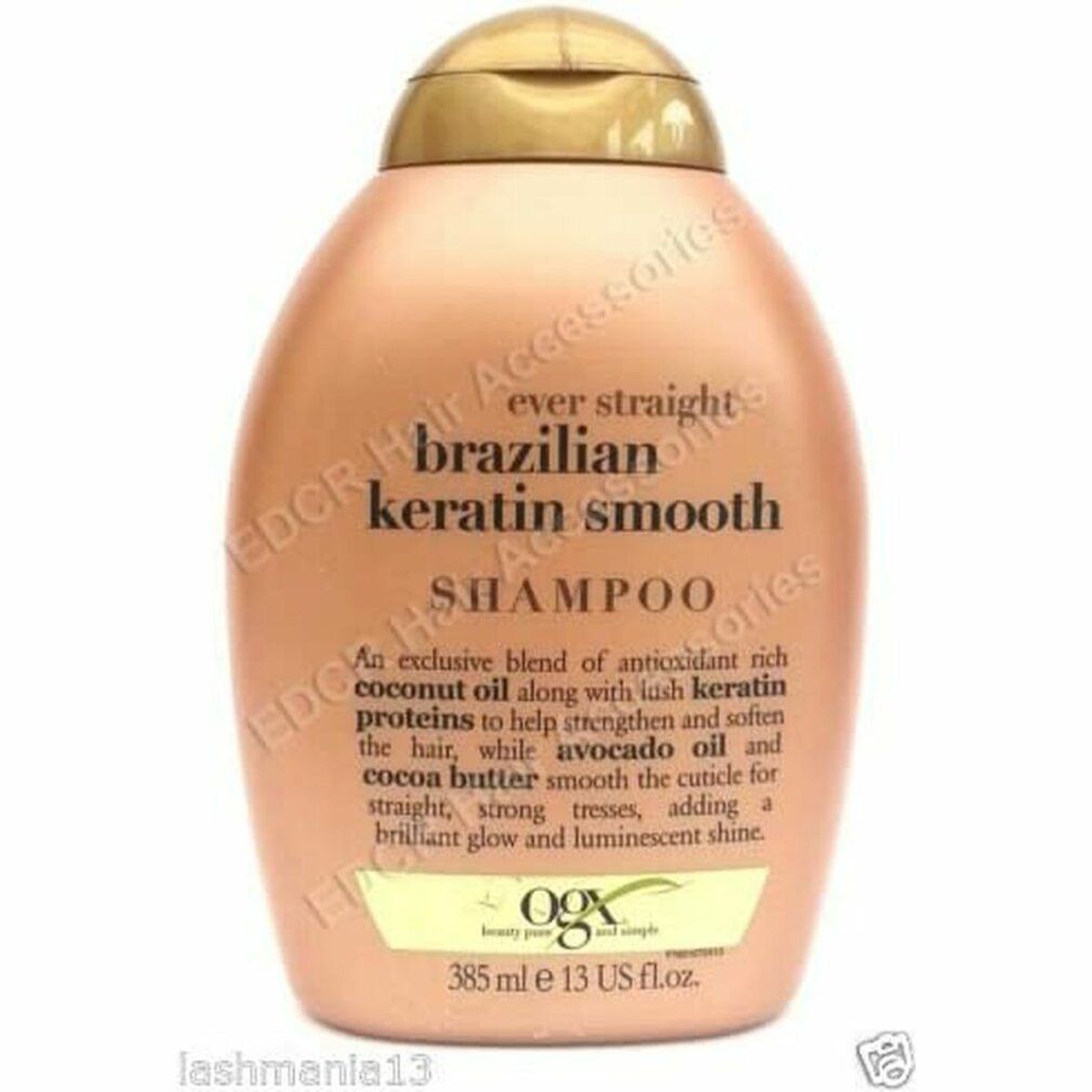 Flacone di shampoo beige con tappo dorato. Scritta: Brazilian Keratin Smooth Shampoo. Contiene olio di cocco, proteine della cheratina.