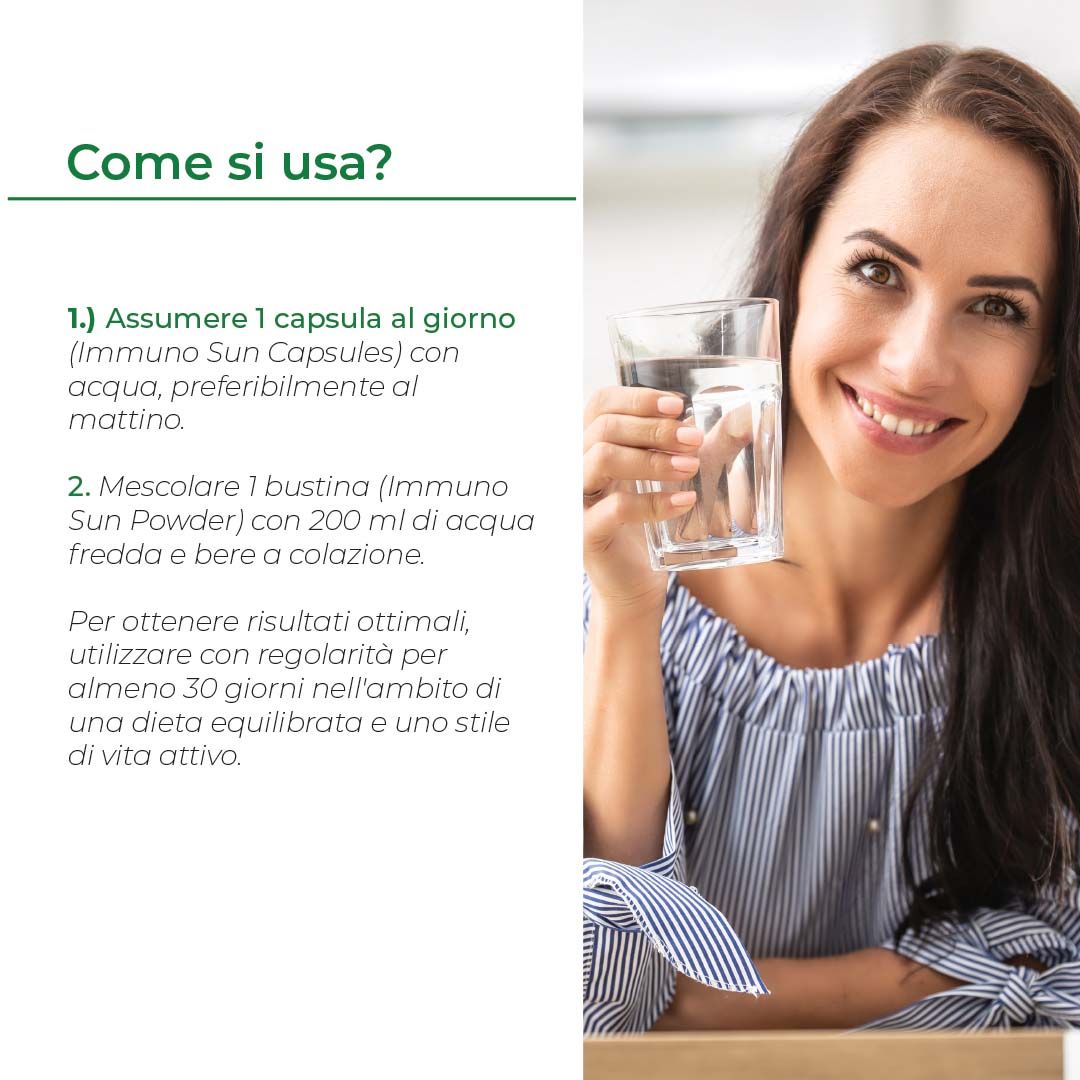 Donna che tiene bicchieri d'acqua. Testo sull'uso di Biostile Immuno Sun Komplett.