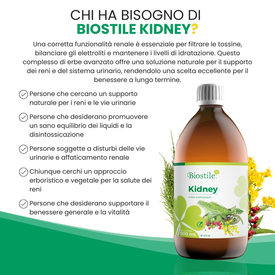 Bottiglia 'Biostile Kidney' accanto al testo. Testo: 'Chi ha bisogno di Biostile Kidney?' ed elenco dei gruppi target.