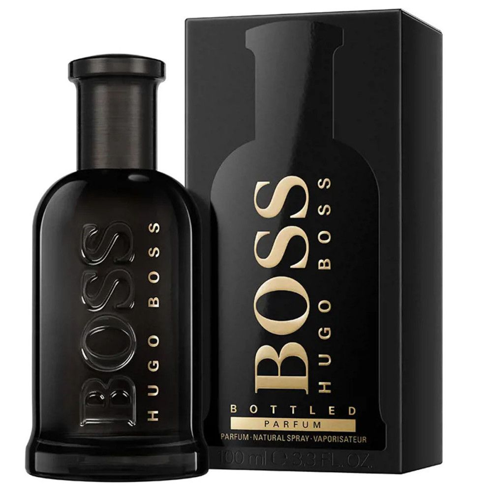 Flacone nero con scritta dorata BOSS HUGO BOSS. Confezione nera con immagine del prodotto e scritta.