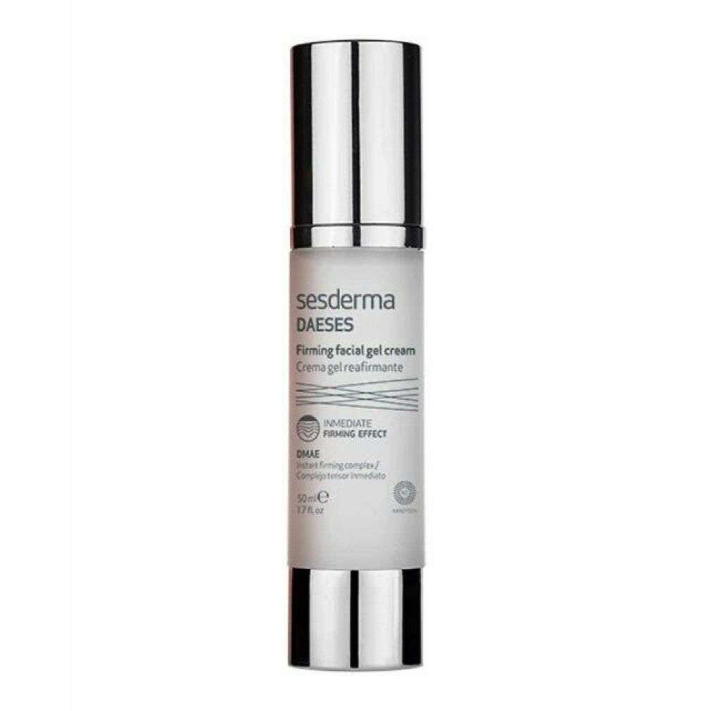 Sesderma Daeses Gel Crema Viso Rassodante. Flacone bianco con tappo argentato. Nome del prodotto e dettagli stampati.
