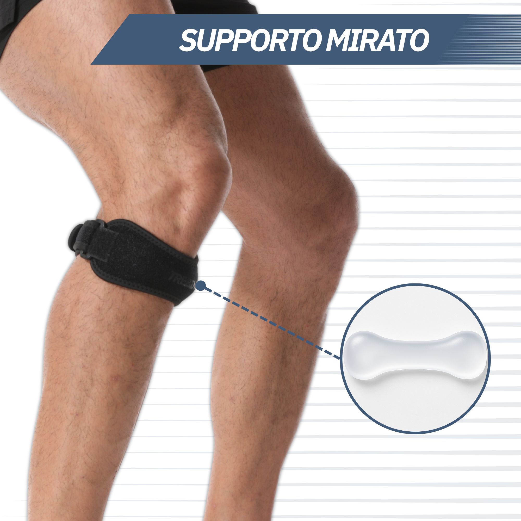Ginocchiera con cuscinetto in gel per supporto sottorotuleo.