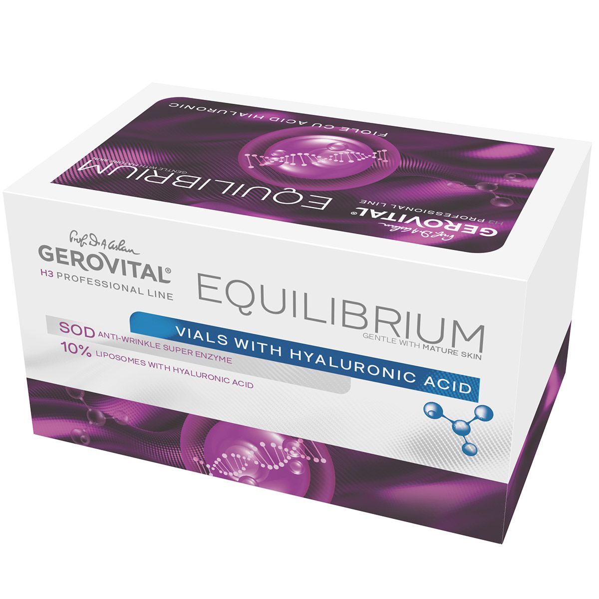 Confezione del prodotto. Scritta: Gerovital Equilibrium, Vials with Hyaluronic Acid, 10% Liposomi.