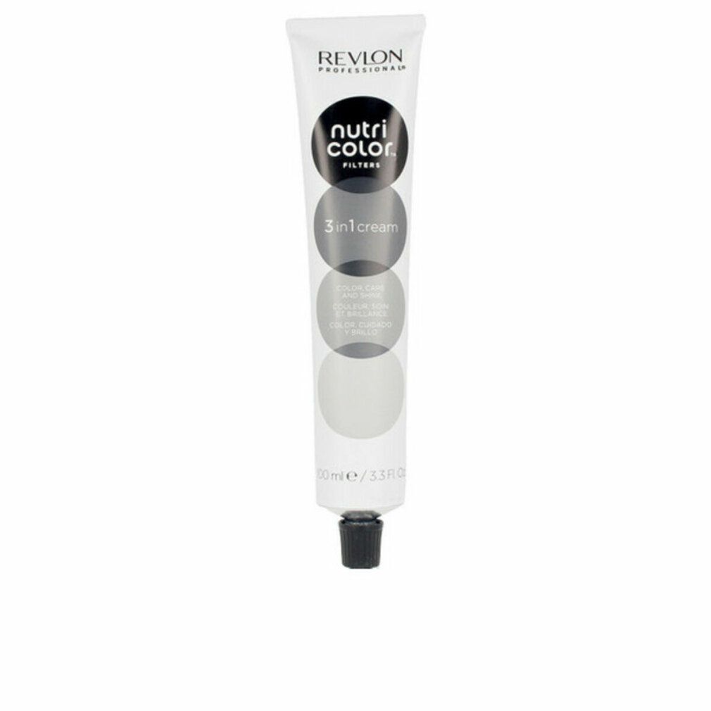 Tubo bianco-grigio con tappo nero. Scritta: Revlon, Nutri Color Filters, 3 in 1 cream.