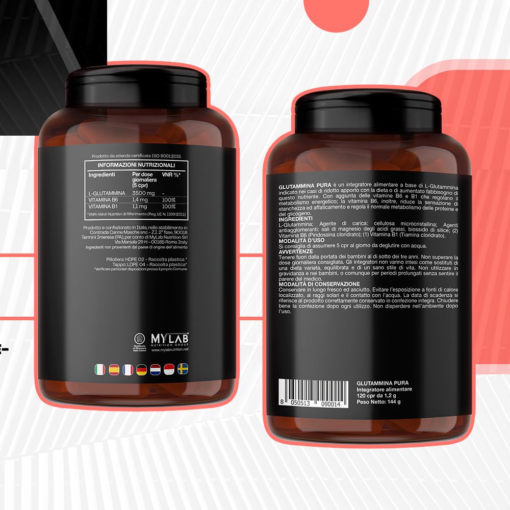 Due flaconi di Glutammina Pura. Retro con ingredienti e informazioni nutrizionali. Logo del marchio MYLAB. Bandiere multilingue.
