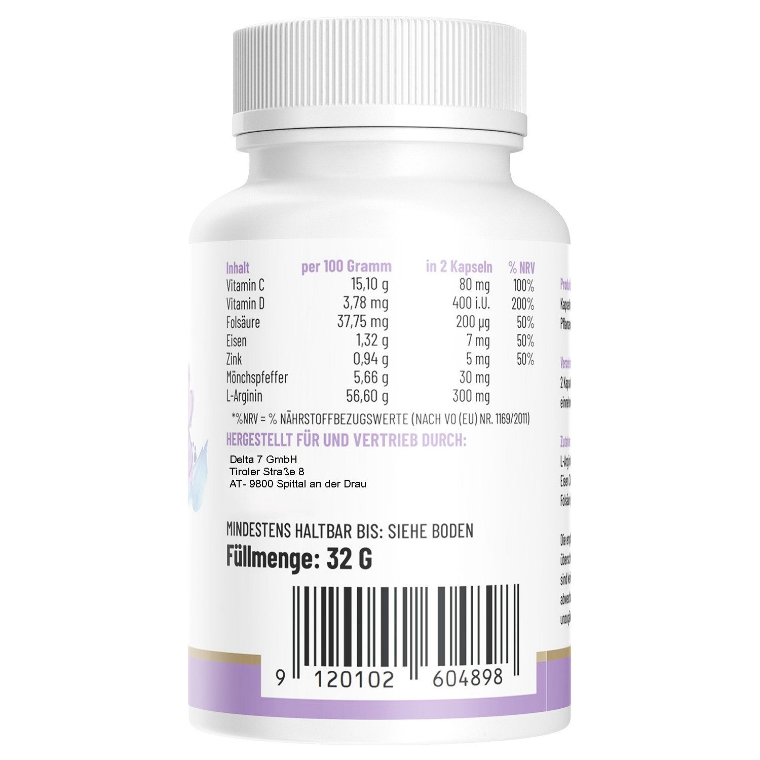 Retro del flacone con valori nutrizionali per 100g e 2 capsule. Scadenza e quantità.