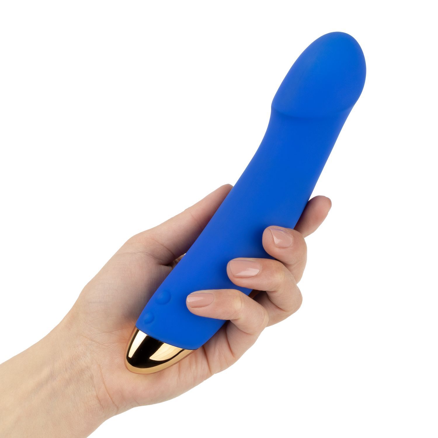 Vibratore blu con estremità dorata, tenuto in mano. Sono visibili due pulsanti. Il prodotto è leggermente curvo.