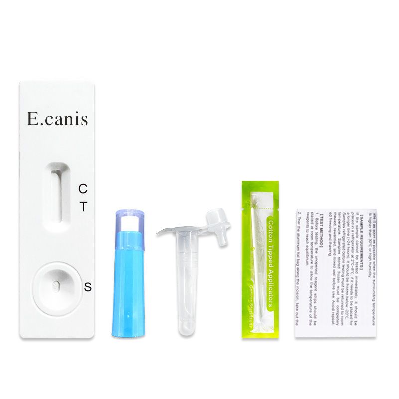 Test diagnostico per cani. Include striscia reattiva, tappo blu, imbuto, tampone e foglietto illustrativo.