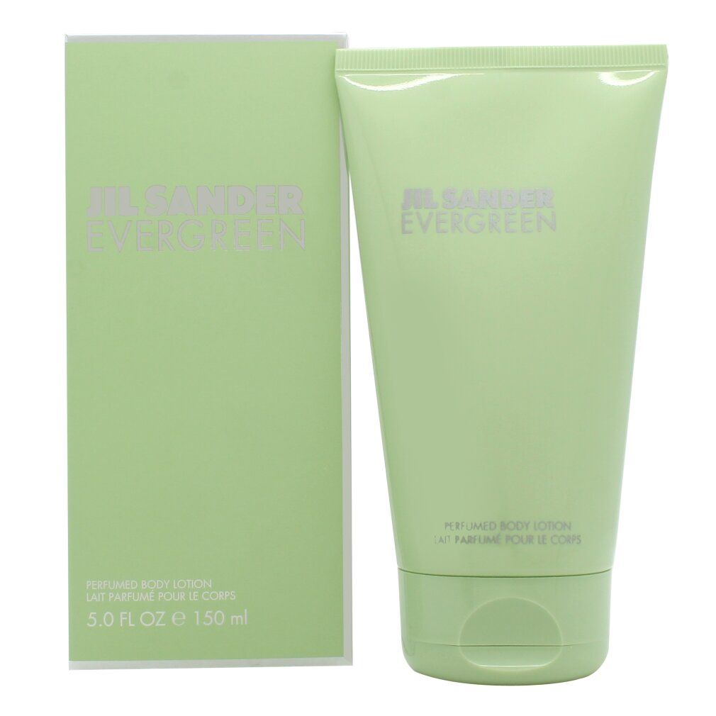 Tubo e scatola verdi. Scritta: Jil Sander Evergreen. Prodotto: Perfumed Body Lotion. Confezione da 150 ml.
