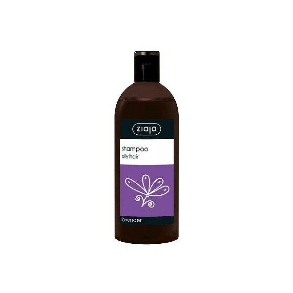 Flacone marrone con tappo nero. Etichetta con testo: Shampoo, oily hair, lavanda. Marchio: Ziaja.