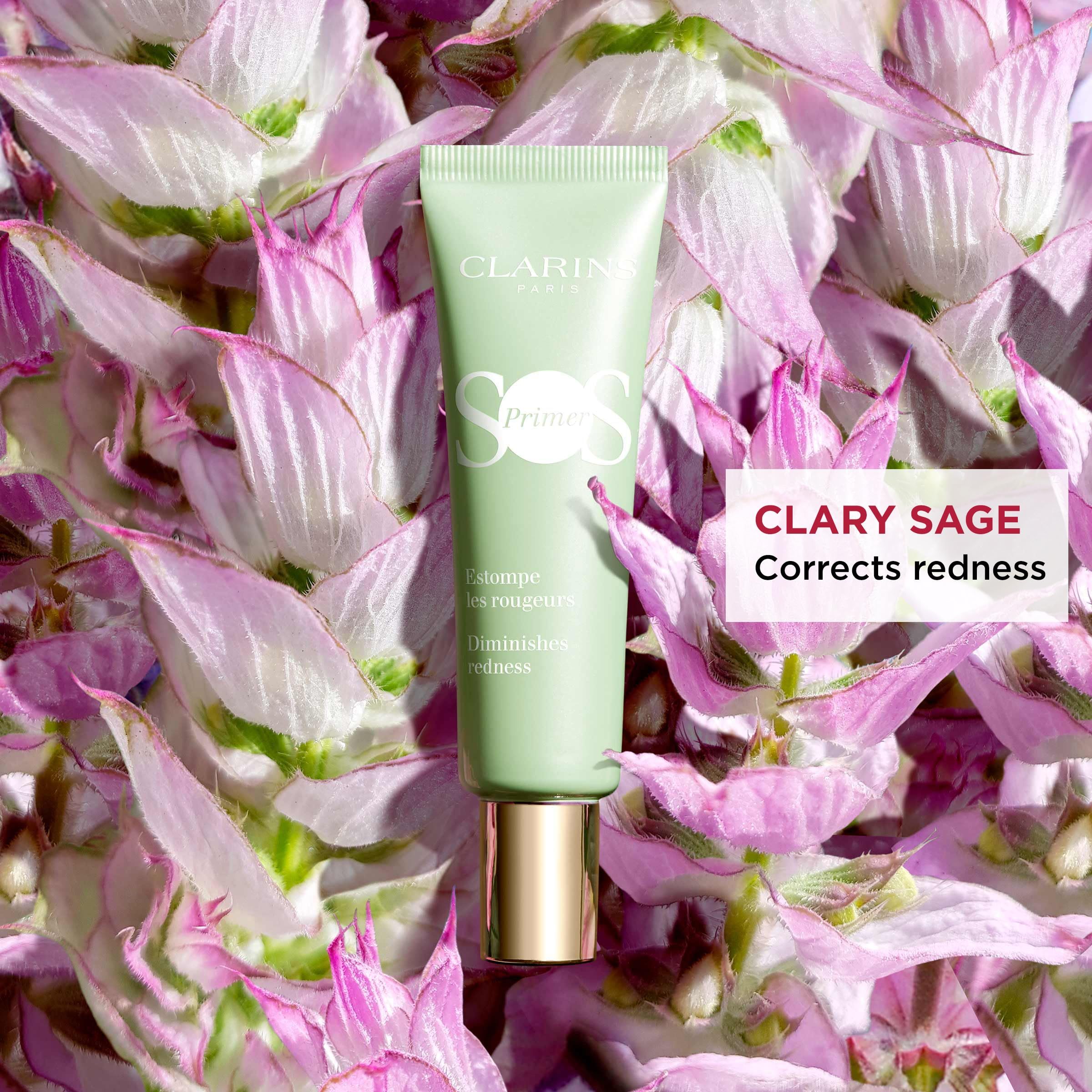 Tubo verde con testo. Testo: CLARINS, SOS Primer, Clary Sage, Corrects redness.