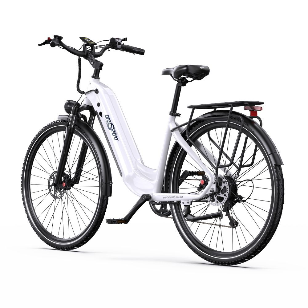 E-bike bianca con dettagli neri. Portapacchi, fanale posteriore e faro visibili. Logo Onesport.