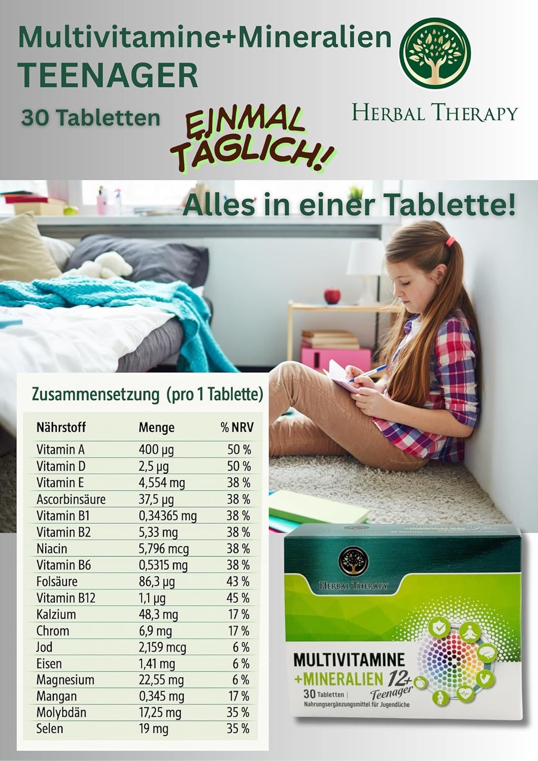 Confezione di integratori. Scritta: Multivitamine + Minerali, 30 compresse, Herbal Therapy. Nutrizione per adolescenti.