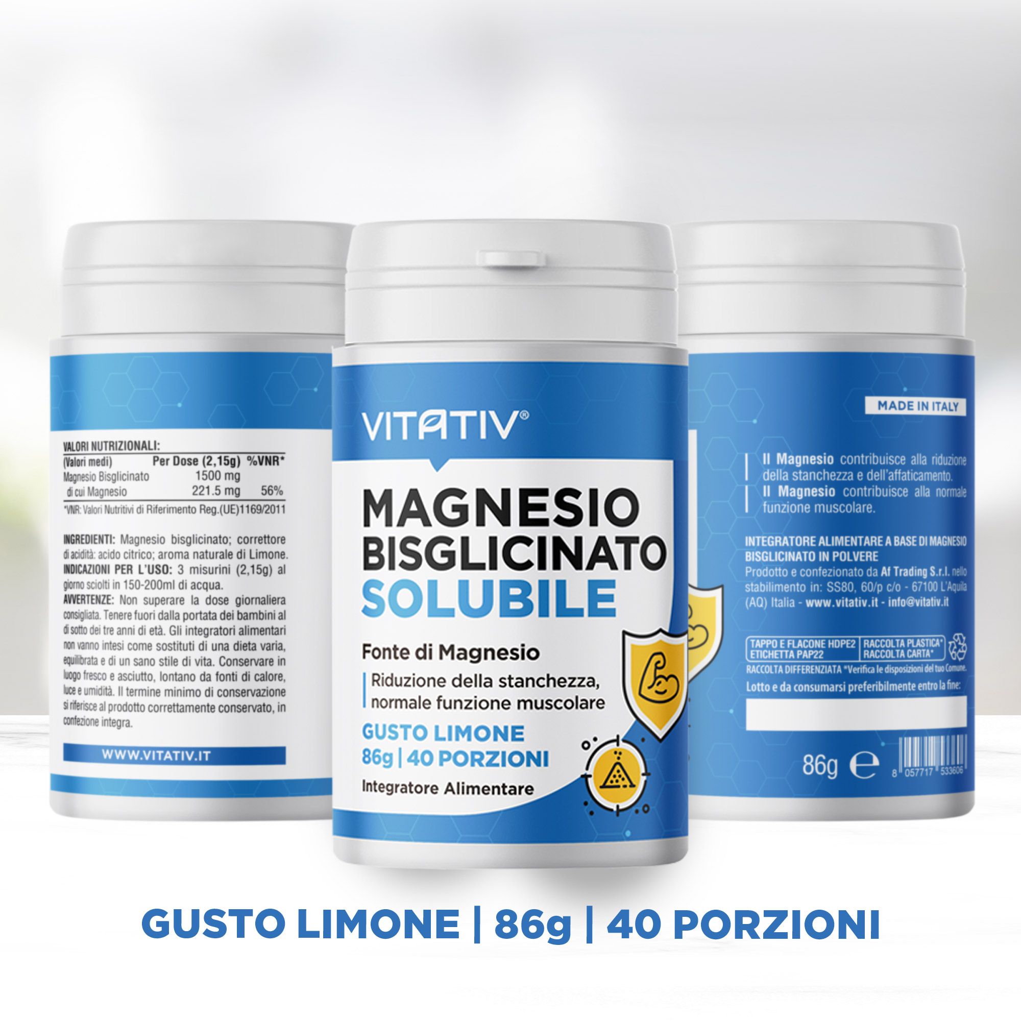 Vitativ Magnesio Bisglicinato Solubile, gusto limone, barattolo da 86g con 40 porzioni.